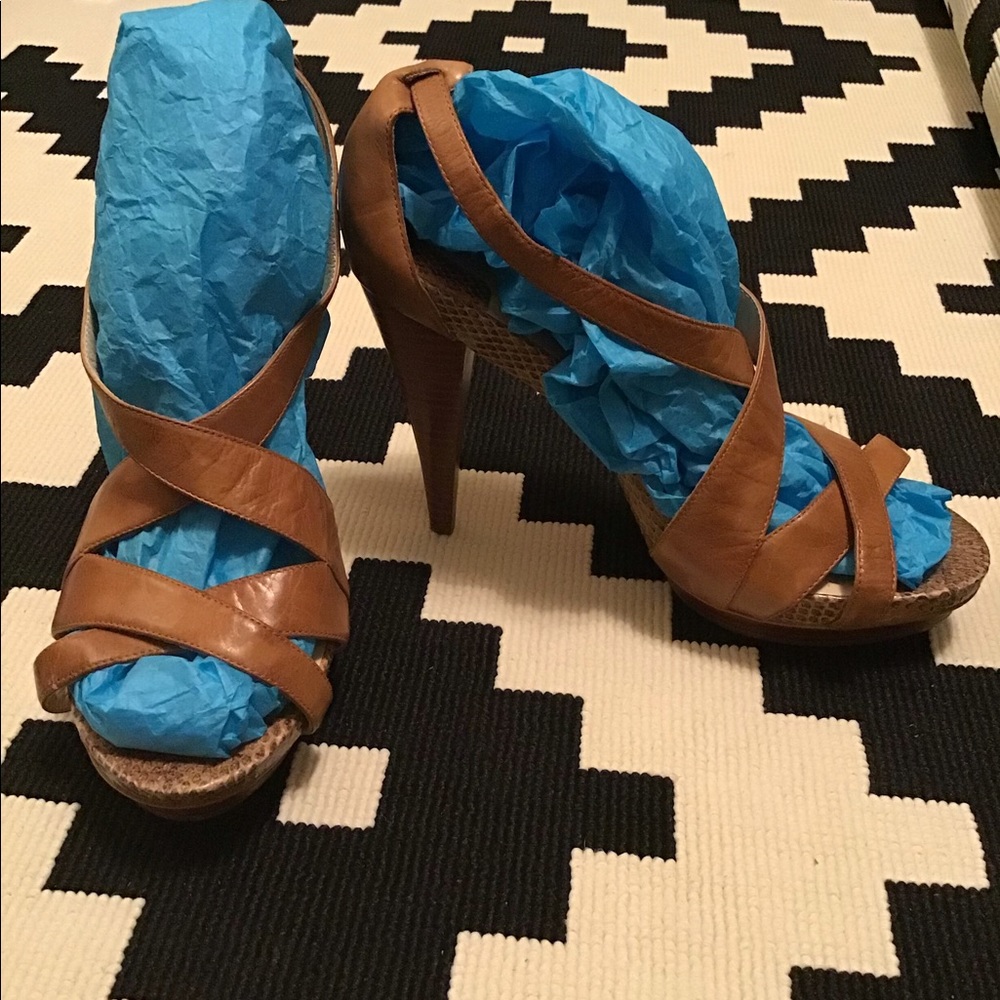 Max Studio Brown Leather Crisscross High Heel Sandals